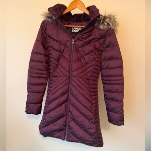 Lands' End Bourdeaux Berry Quilted Jacket with Faux Fur Trim